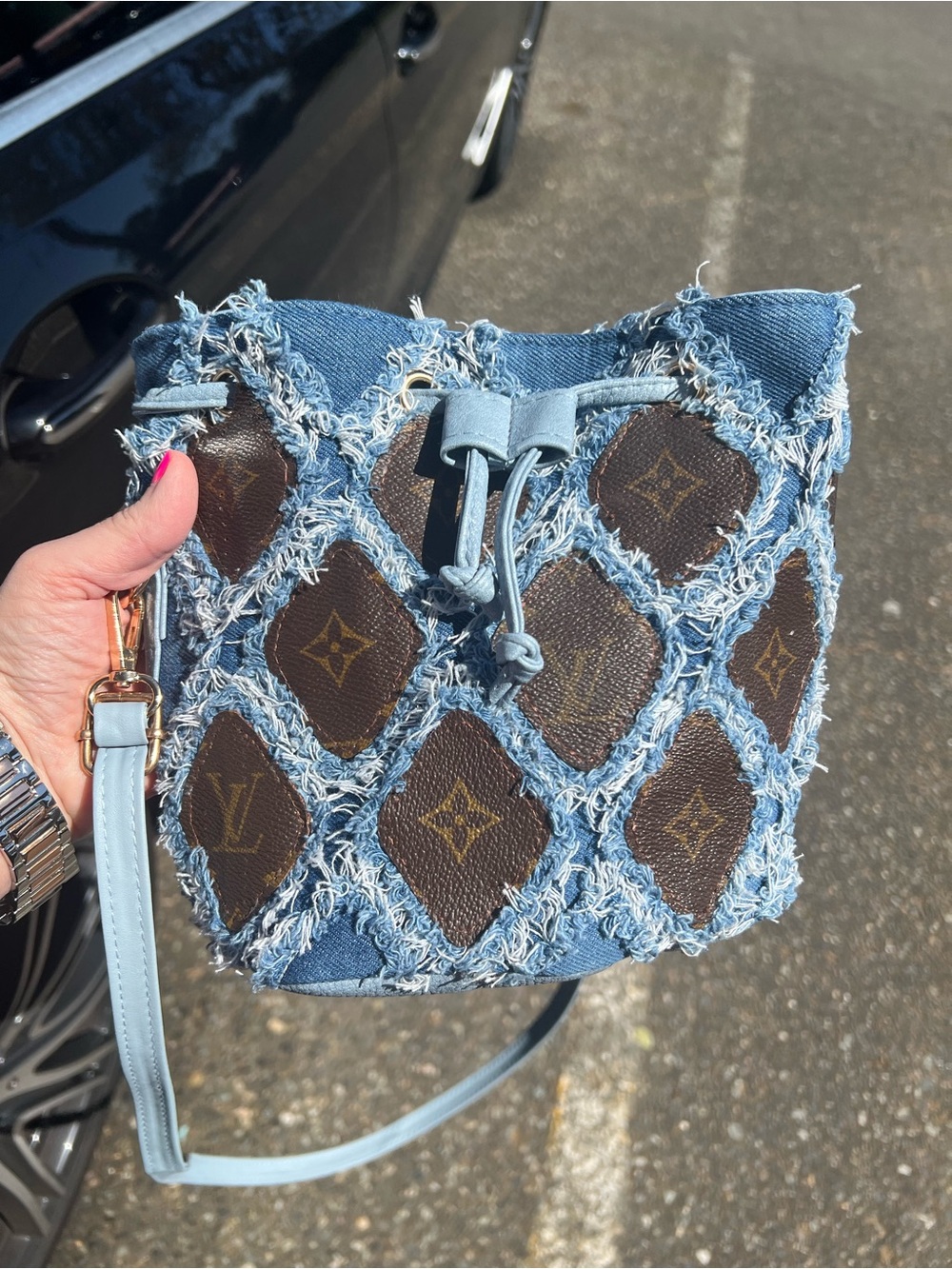 Small Upcycled Louis Vuitton crossbody bag with denim accents and leather trim